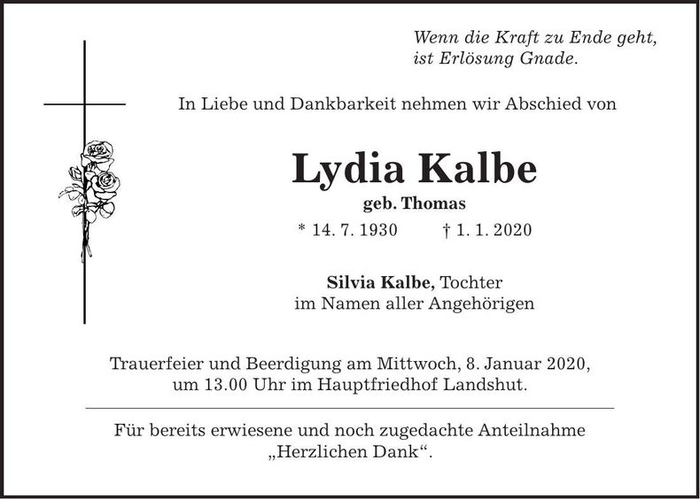 Traueranzeige Lydia Kalbe