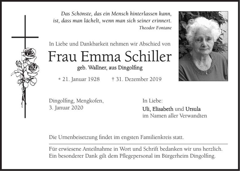 Traueranzeige Emma Schiller