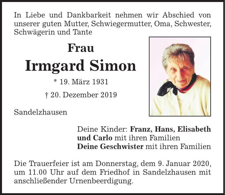 Traueranzeige Irmgard Simon