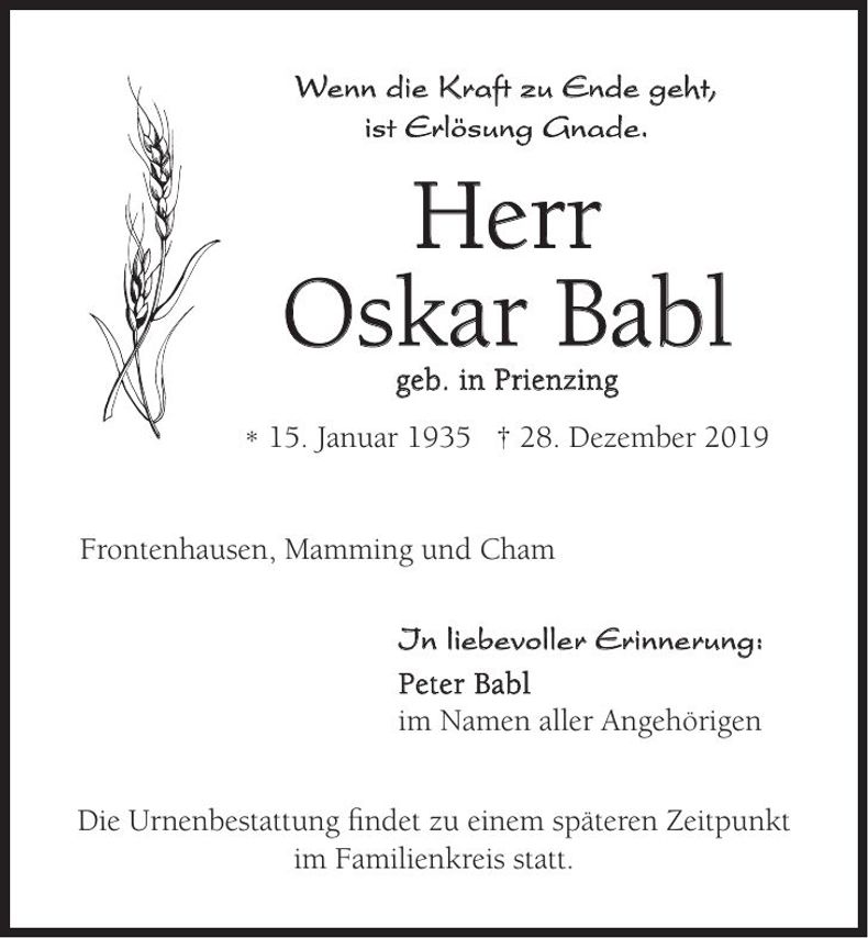 Traueranzeige Oskar Babl