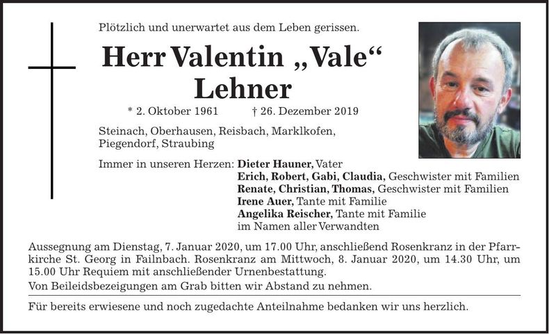 Traueranzeige Valentin Lehner