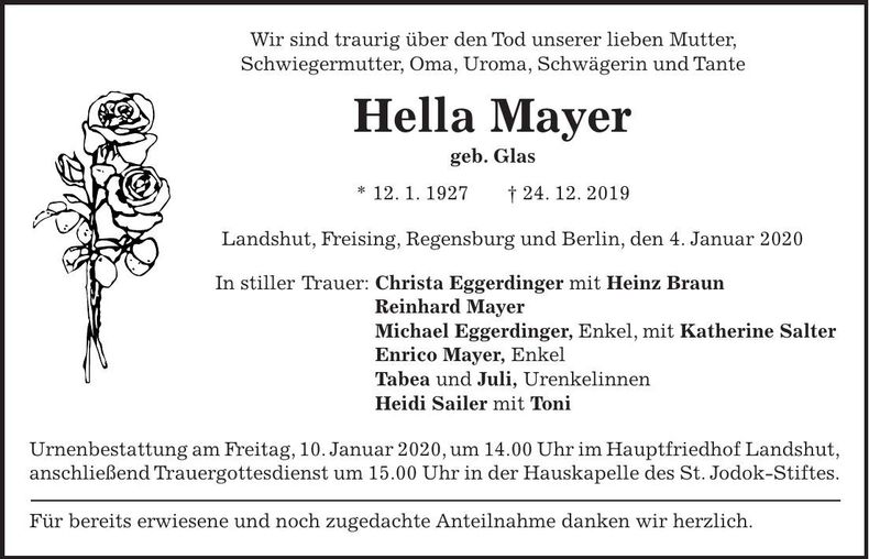 Traueranzeige Hella Mayer