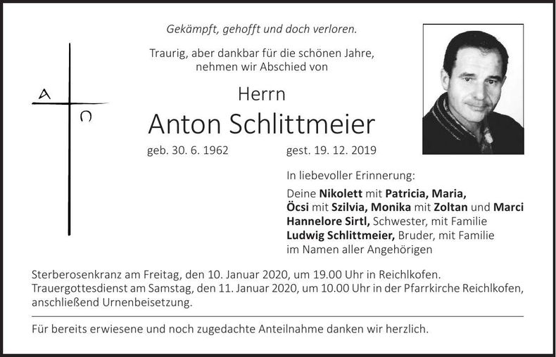 Traueranzeige Anton Schlittmeier