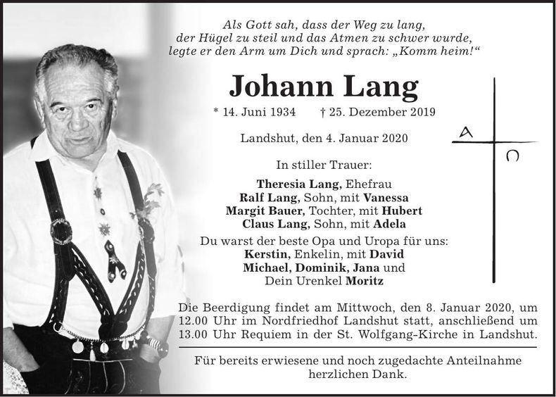 Traueranzeige Johann Lang