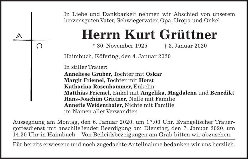 Traueranzeige Kurt Grüttner