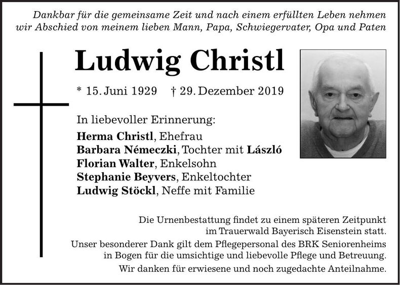 Traueranzeige Ludwig Christl