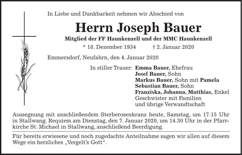 Traueranzeige Joseph Bauer