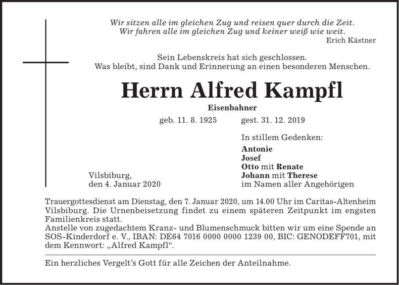 Traueranzeige Alfred Kampfl