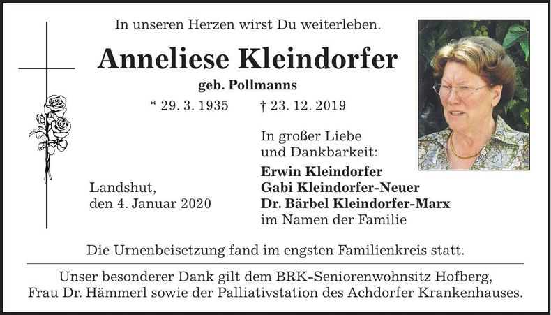 Traueranzeige Anneliese Kleindorfer