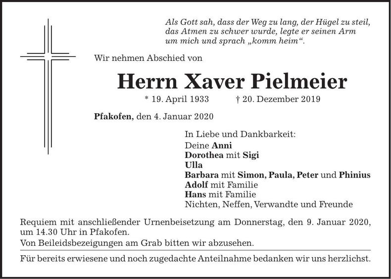 Traueranzeige Xaver Pielmeier