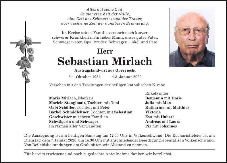 Traueranzeige Sebastian Mirlach