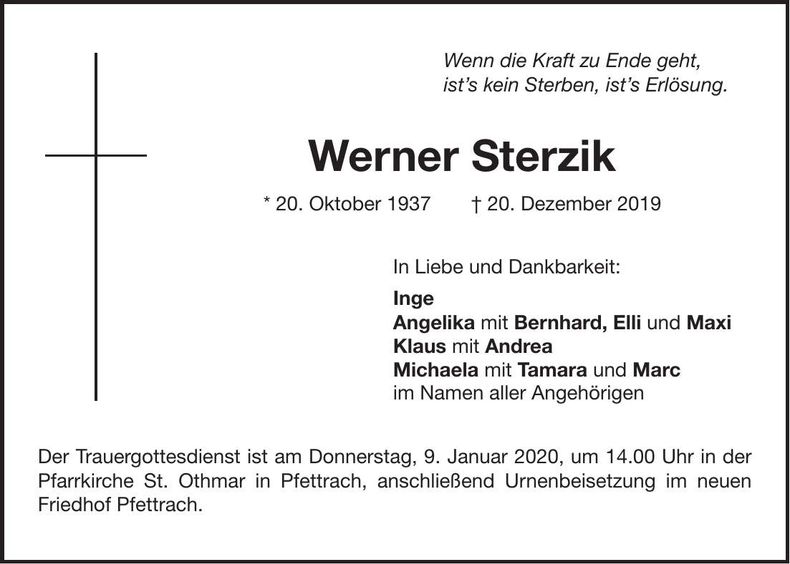 Traueranzeige Werner Sterzik