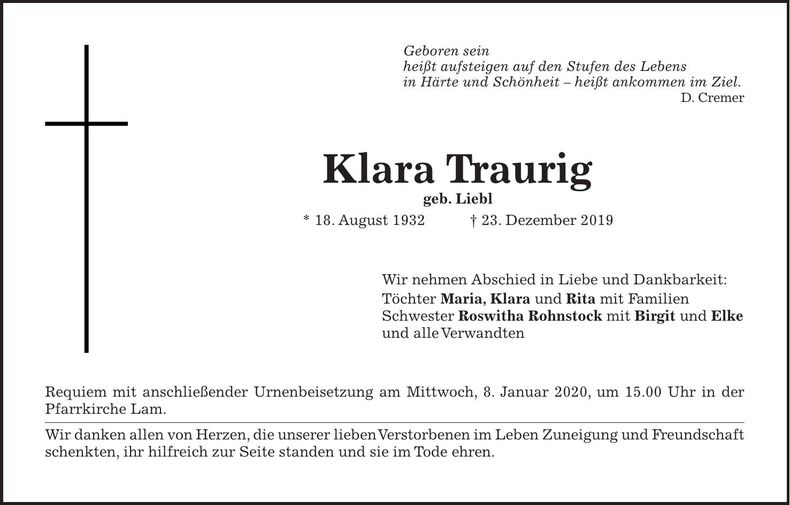 Traueranzeige Klara Traurig