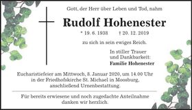 Traueranzeige Rudolf Hohenester