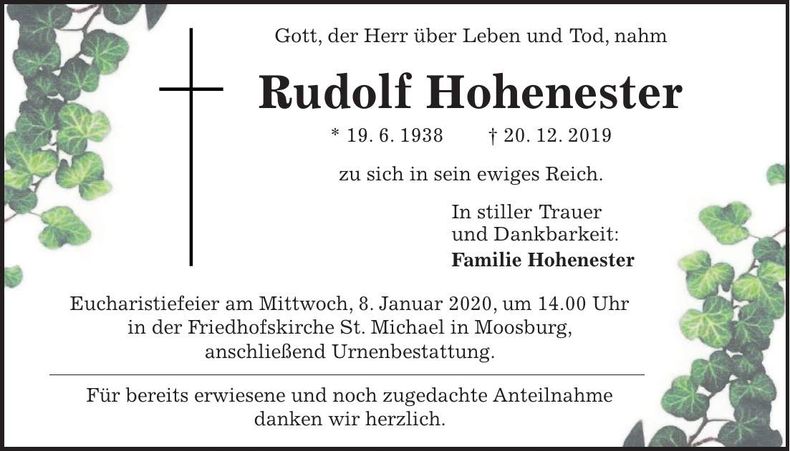 Traueranzeige Rudolf Hohenester