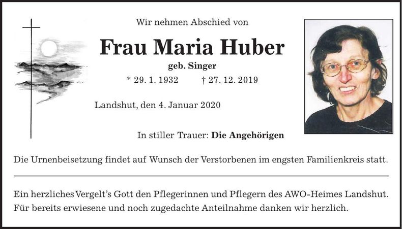 Traueranzeige Maria Huber