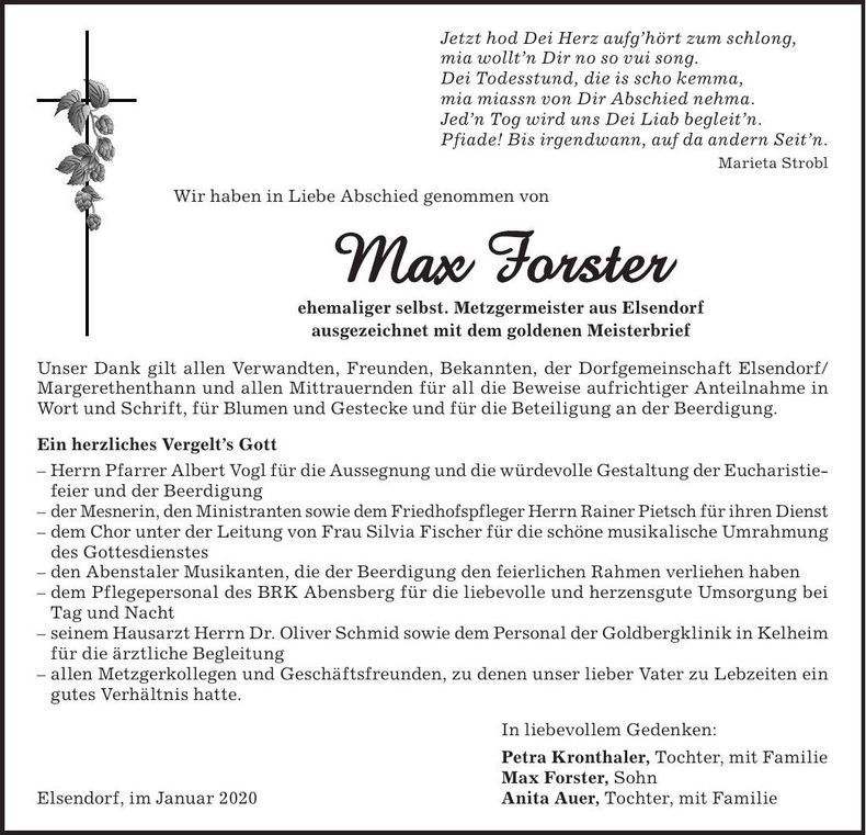 Traueranzeige Max Forster