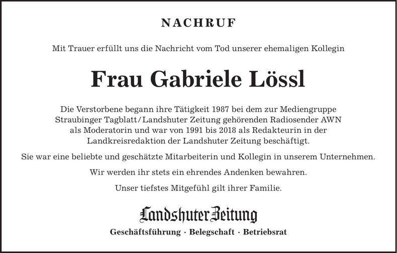 Traueranzeige Gabriele Lössl
