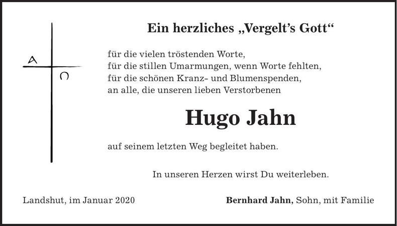Traueranzeige Hugo Jahn