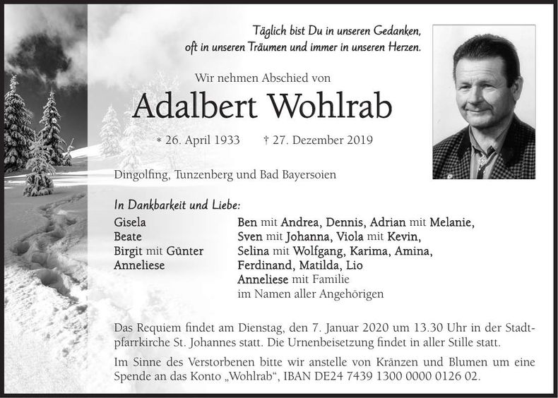 Traueranzeige Adalbert Wohlrab
