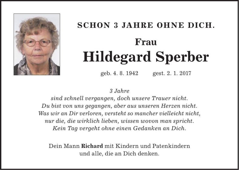 Traueranzeige Hildegard Sperber