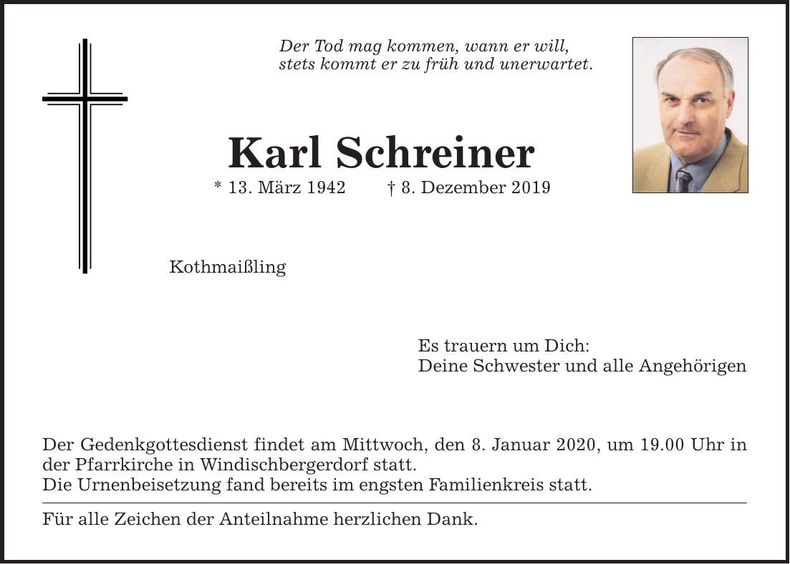 Traueranzeige Karl Schreiner