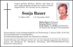 Traueranzeige Sonja Bauer