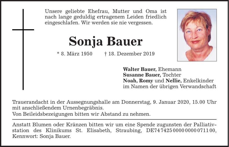 Traueranzeige Sonja Bauer