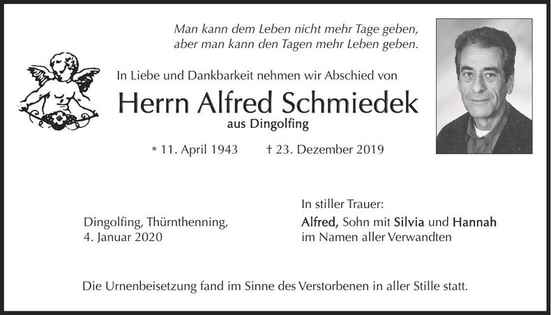 Traueranzeige Alfred Schmiedek