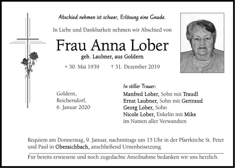 Traueranzeige Anna Lober
