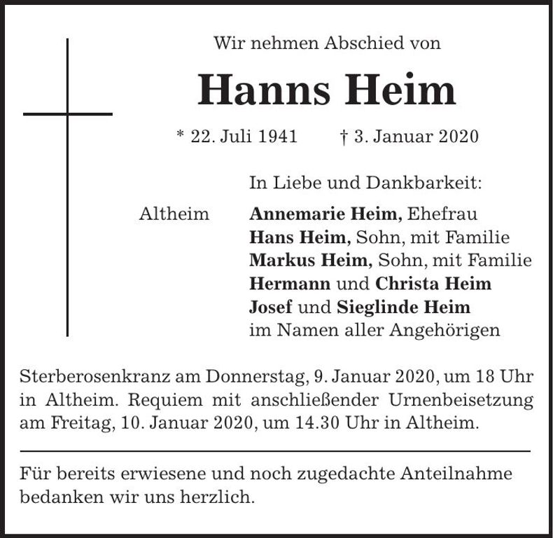 Traueranzeige Hanns Heim