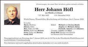 Traueranzeige Johann Höfl