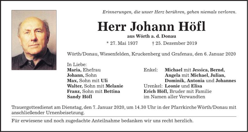 Traueranzeige Johann Höfl