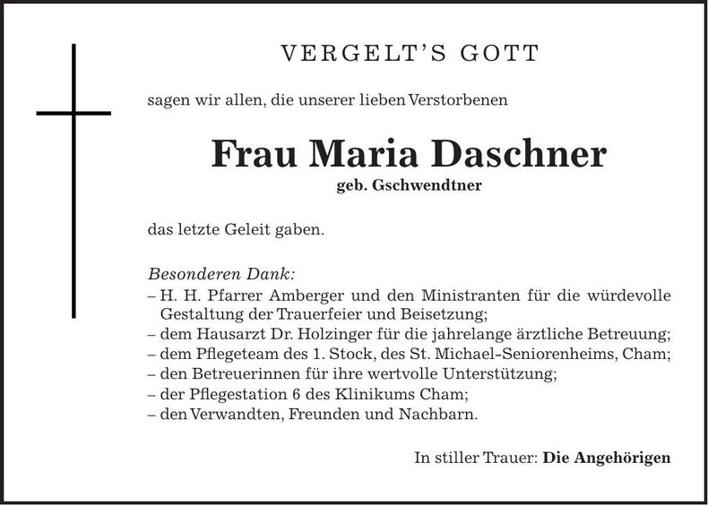 Traueranzeige Maria Daschner