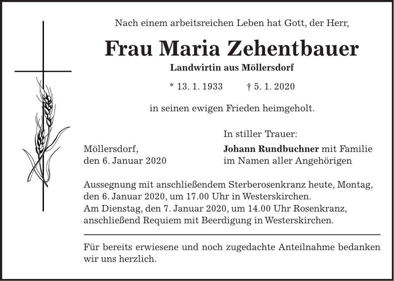 Traueranzeige Maria Zehentbauer