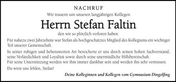 Traueranzeige Stefan Faltin
