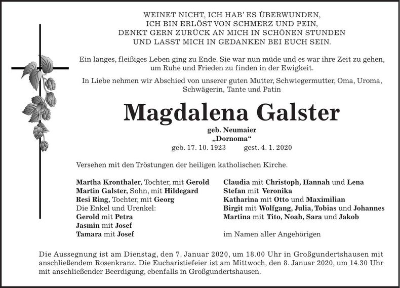 Traueranzeige Magdalena Galster