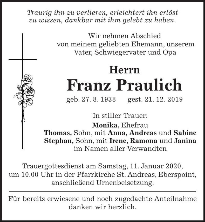 Traueranzeige Franz Praulich