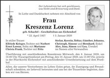 Traueranzeige Kreszenz Lorenz