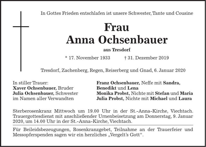 Traueranzeige Anna Ochsenbauer