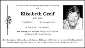 Traueranzeige Elisabeth Greif