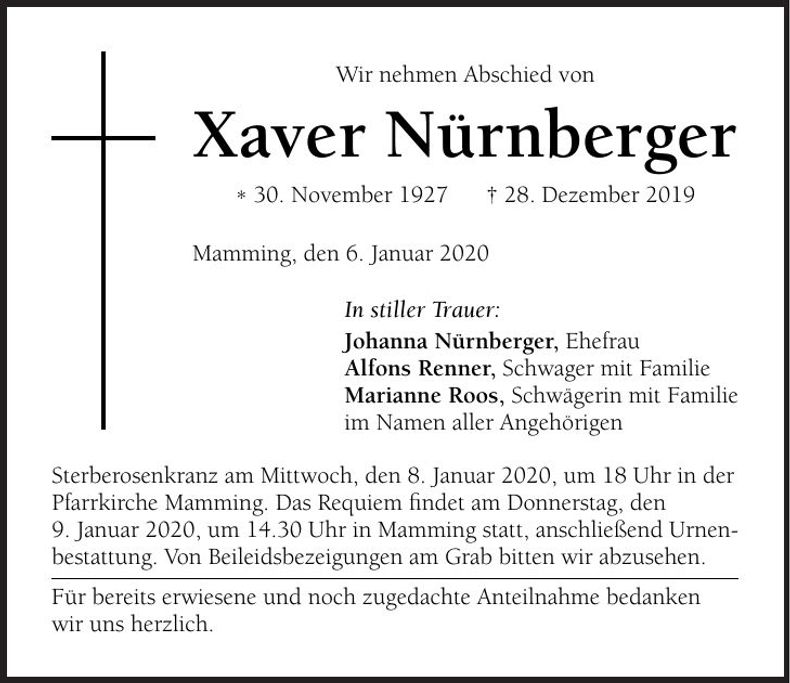 Traueranzeige Xaver Nürnberger