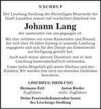 Traueranzeige Johann Lang