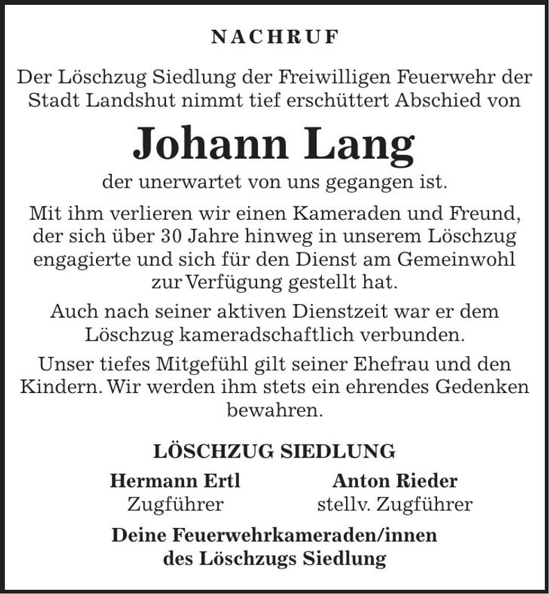 Traueranzeige Johann Lang