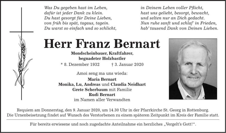 Traueranzeige Franz Bernart