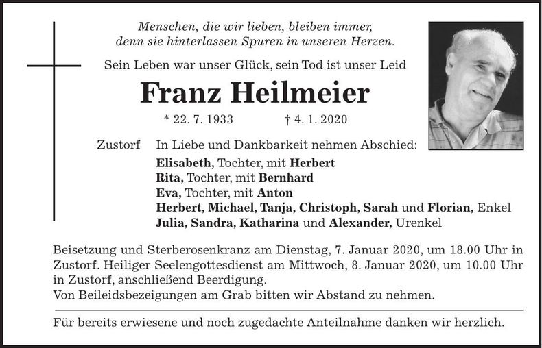 Traueranzeige Franz Heilmeier