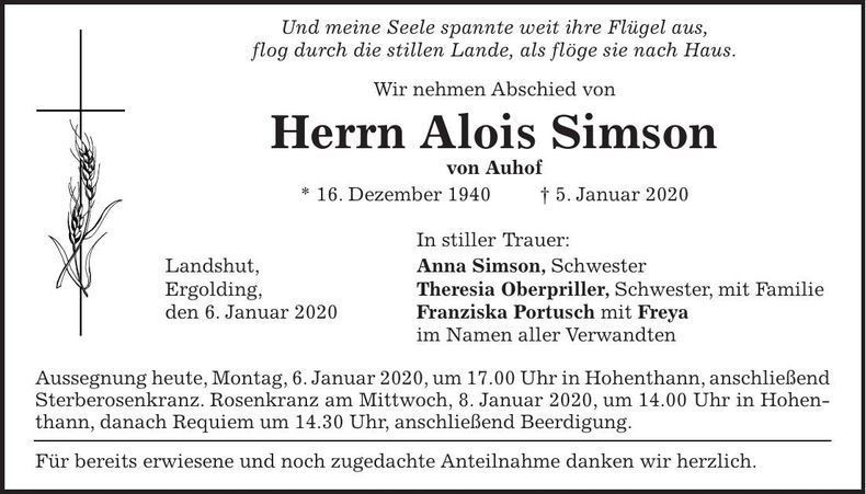 Traueranzeige Alois Simson