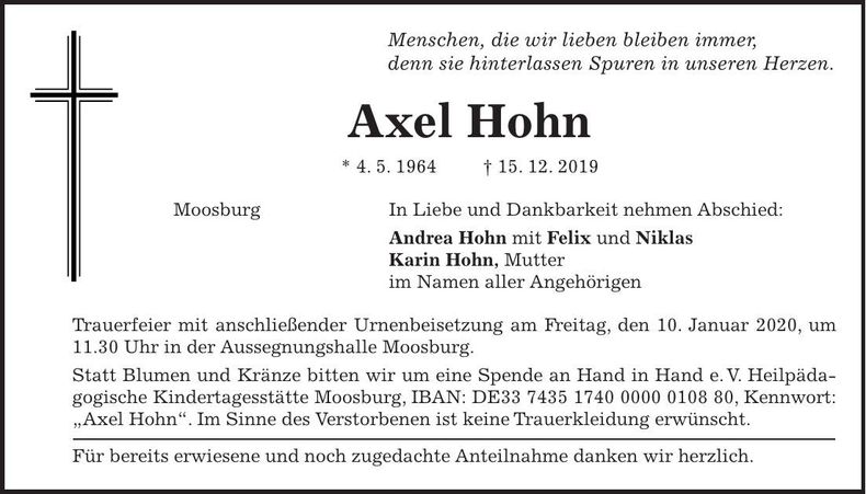 Traueranzeige Hohn Axel