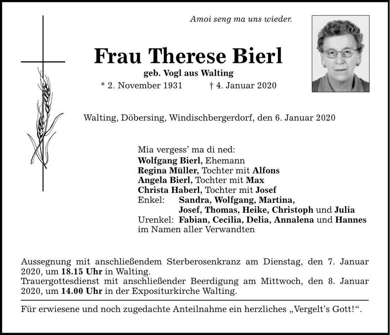 Traueranzeige Therese Bierl