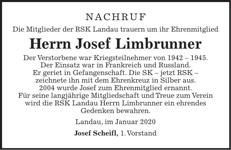 Traueranzeige Josef Limbrunner